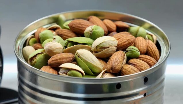 detailed 4K macro shot of aluminum can filled with pistachios almonds and mixed nuts as lens gently approaches highlighting textures colors and appetizing