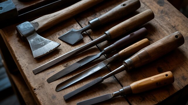 Woodworking chisels and hand tools arranged on table
- Powered by Adobe