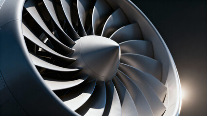 Close-Up of Aircraft Jet Engine Turbine Blade with Reflective Surface and Dark Background