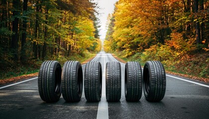 Row of Car Tires Lined Up on an Asphalt Road Surrounded by Autumn Trees.