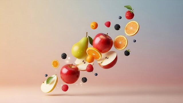 Fruits and berries in midair with sliced orange apple pear and berries