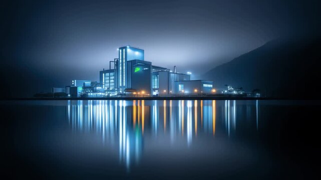 Modern Factory Reflecting on Water at Night