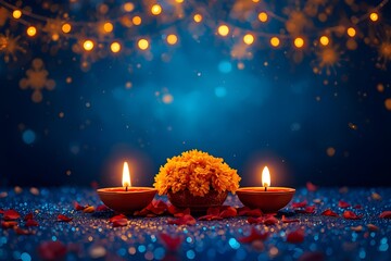 A Diwali festive backdrop decorated with lamps and marigold flowers.