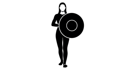 Black silhouette of a woman holding a vinyl record on white background, music concept