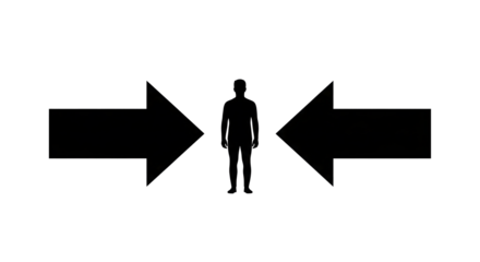 Man standing between two large black arrows pointing in opposite directions on white background, symbolizing choice and decision making