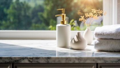 Serene Bathroom Countertop with Soap Dispenser and Towels by the Window.