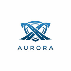 Aurora logo design with abstract shapes and blue color scheme.