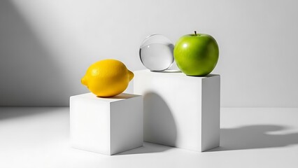 Lemon and Apple on White Pedestals with Glass Orb