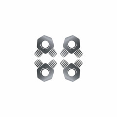 Four metal nuts and bolts arranged in a square pattern on a white background.