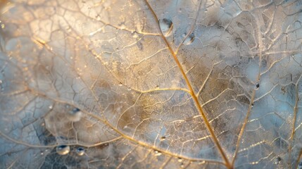 Translucent pale leaf with delicate veins and shimmering water droplets in soft morning light