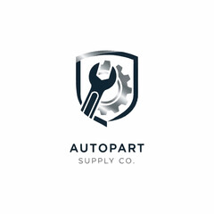 Car repair service logo with wrench and gear.