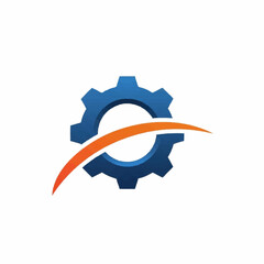 Blue gear with orange curved line symbolizing innovation and technology.