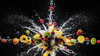 Colorful Fruit Splash Freeze Frame with Water Droplets