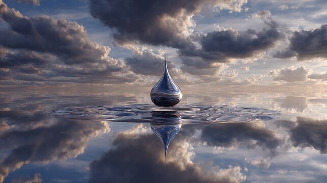 Single Droplet of Water Reflecting Sunset Sky on Surface.