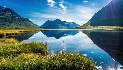 Serene Mountain Lake Reflection Under a Blue Sky with Clouds.