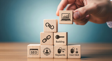 Macro shot featuring hand stacking wooden blocks printed with SEO-related icons against a blurred blue background on a wooden table, illustrating business success strategy.