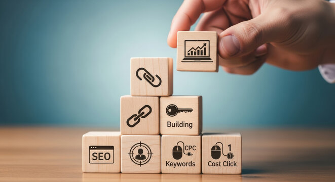 Macro shot featuring hand stacking wooden blocks printed with SEO-related icons against a blurred blue background on a wooden table, illustrating business success strategy. - Powered by Adobe