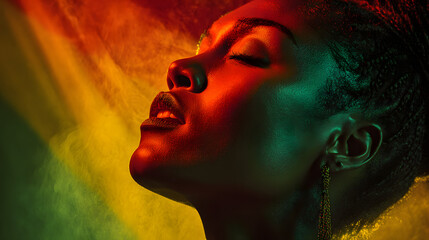 Black History Month background. African-american woman face in profile over red yellow green black colors background. Juneteenth freedom day. Racial equality, freedom, human rights day