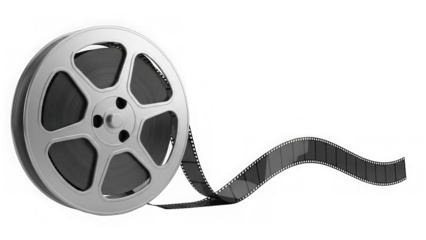 Film reel with unspooled film strip isolated on transparent background
