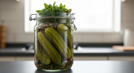 Pickled cucumbers in a glass jar, herbs and spices visible