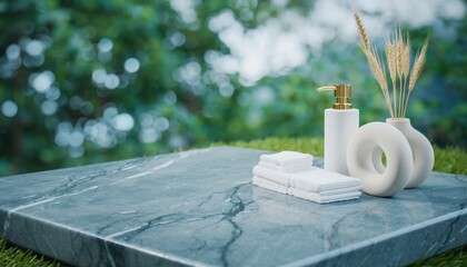 Serene Spa Scene with Marble Surface and Greenery Background.