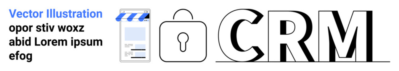Data security, customer management, information systems, privacy, digital tools, recordkeeping. Lock icon, document CRM text. Data security and customer management illustrated clearly © robu_s