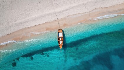 Serene Tropical Beach with a Boat Anchored in Crystal Clear Turquoise Water.