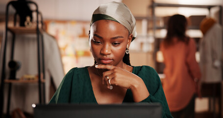 Supply chain, startup and woman on laptop for planning, inventory and delivery checklist. Office,...