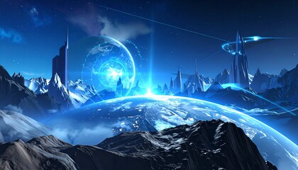 Futuristic city on mountain range with planet and energy beams