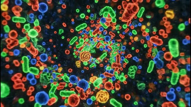 Microscopic close-up reveals vibrant bacteria swirling gracefully in liquid, glowing under light, showcasing the dynamic beauty and complexity of microbial life in a fluid ecosystem