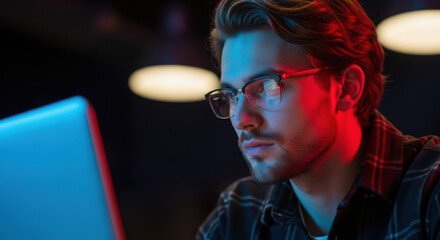 Focused man with glasses working on laptop under red and blue lights in dark room at night. His face lit by computer screen, wearing casual shirt and modern glasses.