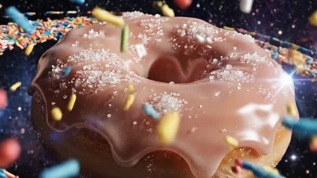 Chocolate glazed donut floats in space with colorful sprinkles orbiting around it