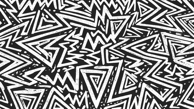 Tribal Echoes in Monochrome. A modern tribal-inspired pattern with chaotic zigzags and rough textures in stark black and white.