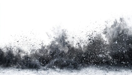 Dark substance explosion, fragments dispersing on bright white background