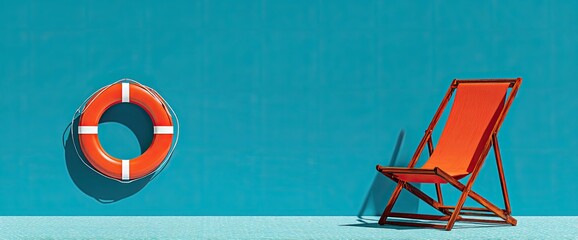 Poolside scene life ring, chair, against a bright blue wall with strong shadows