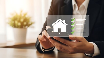 Businessman checking house inspection report on smartphone in office with natural light