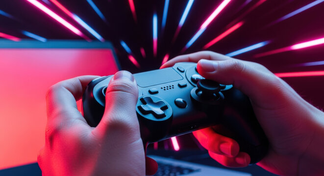 Close up of hands holding a black game controller against a red and blue neon background with laptop, ideal for gaming content.
