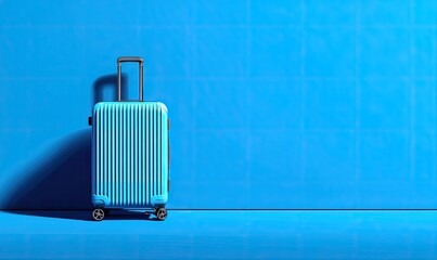 Turquoise suitcase against a grid textured blue wall, casting a distinct shadow