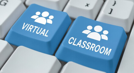 Close-up showcases blue and white computer keys with virtual classroom graphics symbolizing online education and learning. The image represents modern technology in distance education.