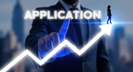 A man in a suit touching application text with a bright upward arrow in front of a cityscape suggests business growth and success.