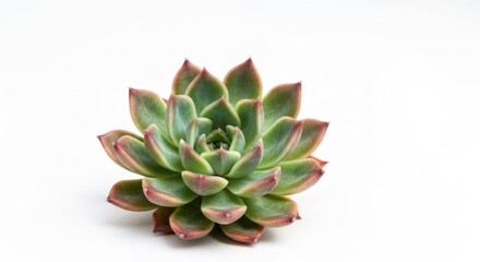 Succulent rosette, light green and reddish-pink leaves, centered on white background