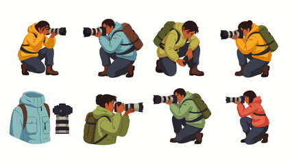 Diverse cartoon photographers in various action poses, crouching with professional cameras and telephoto lenses, ready for outdoor and wildlife photography.