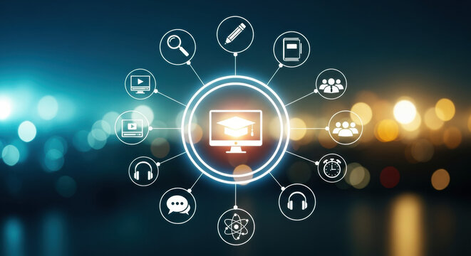 Conceptual image of online education featuring glowing icons around a computer screen with a graduation cap, set against a blurred background of city lights. Highlighting digital learning. - Powered by Adobe