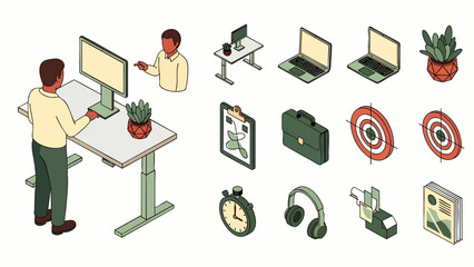 Isometric office and remote work elements set. Modern business workspace with standing desk, laptops, productivity tools, and professional icons for digital projects.