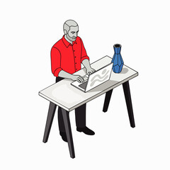 Isometric illustration of a man standing at a modern desk, actively working on a laptop, symbolizing remote work, productivity, and contemporary office environments.