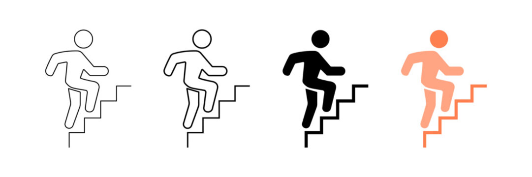 Set of minimalist person climbing stairs icons with transparent background, depicting progress, success, ambition, and upward movement, vector illustration