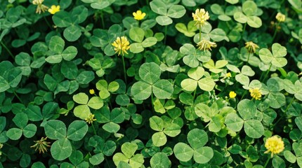 A dense patch of lush green clover leaves, with varying shades of green, some leaves 