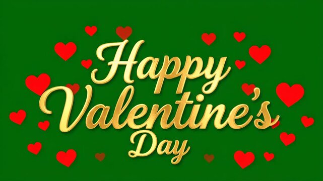 Happy Valentines Day gold script hearts animation on green.