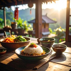 Delicious Asian meal with rice on a wooden table, outdoor view