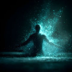 Fototapeta premium A dark human silhouette emerges from a surface, arms outstretched, enveloped in a vibrant cloud of sparkling, luminous teal particles against a dark background.